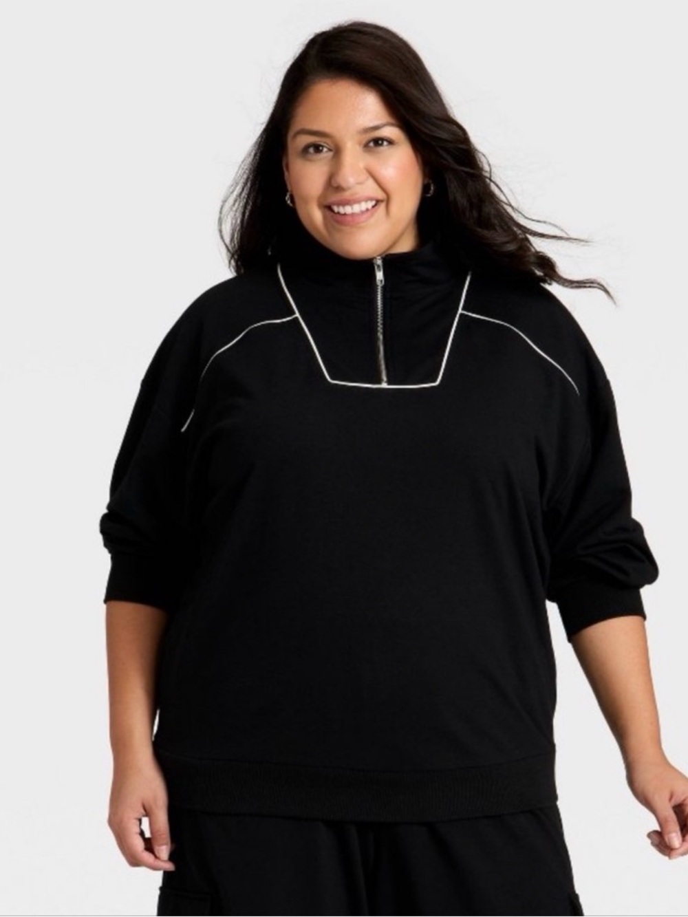 Ava & Viv Black Quarter-Zip Pullover with Contrast Piping